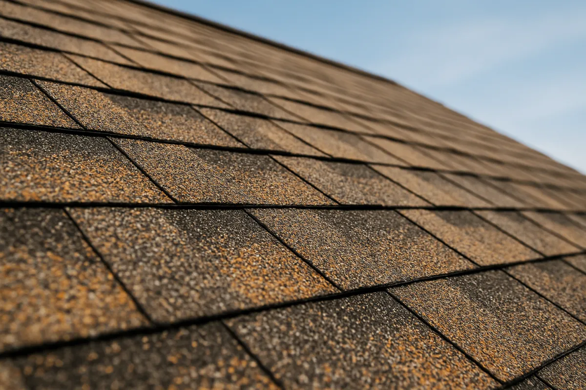 A close-up view looking up a shingled roof slope, overlapping brown and tan asphalt shingle tabs receding toward a pale blue sky