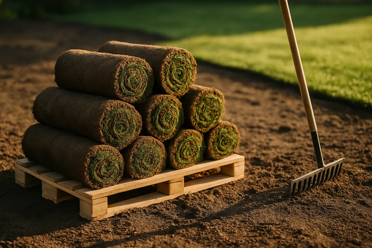 A stack of rolled sod pallets on bare soil with a metal rake leaning against them, a mowed green lawn visible in the background under warm evening light