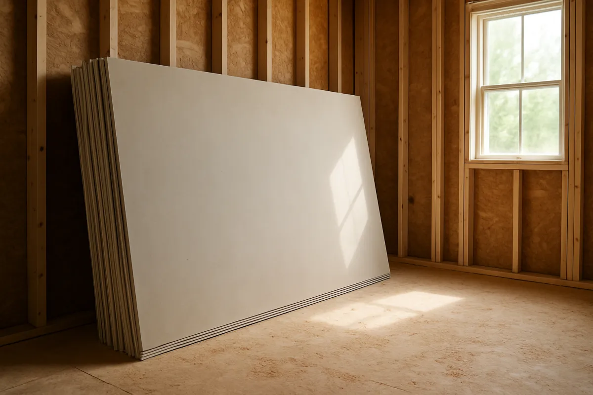 A stack of large white panels leaning against an interior stud wall in an unfinished room, vertical wood studs running floor to ceiling behind them over brown sheathing, a white double hung window set into a framed opening on the right, bare panel subfloor underfoot