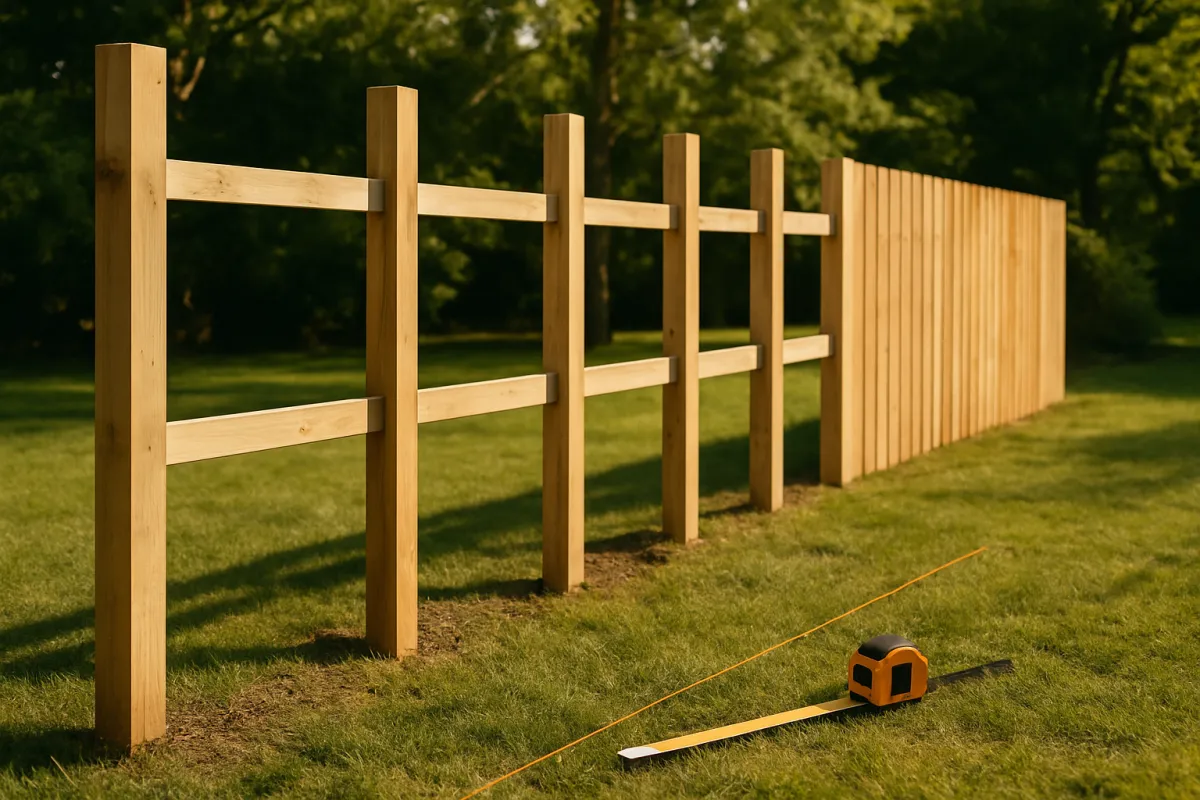 Sunlit dimensional timber standing in a mown lawn, square uprights carrying two horizontal rails with a run of vertical boards continuing beyond them, an orange tape measure lying open on the grass in the foreground