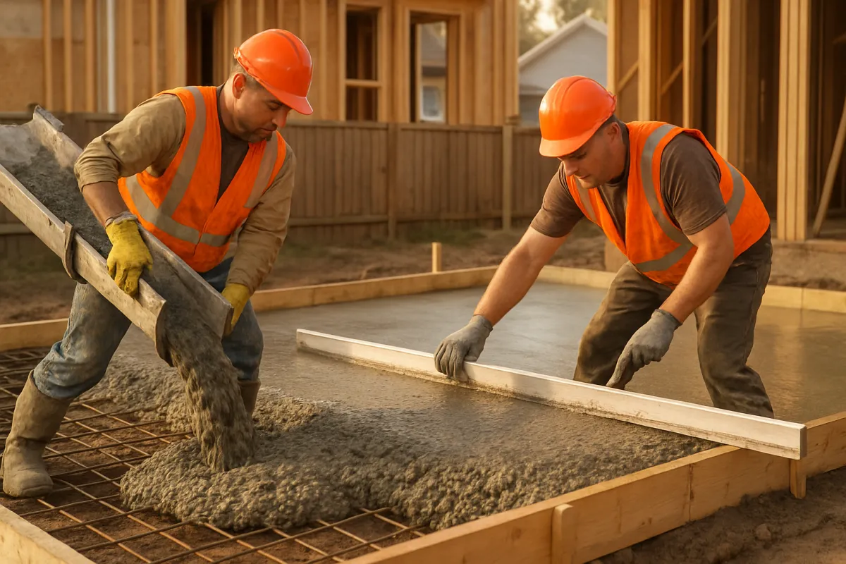 Two workers in orange hard hats and high visibility vests placing concrete inside a timber slab form on a house site, wet mix sliding off a chute on the left over a grid of steel bars laid in squares across the base, the second worker drawing a long straight board across the fresh surface