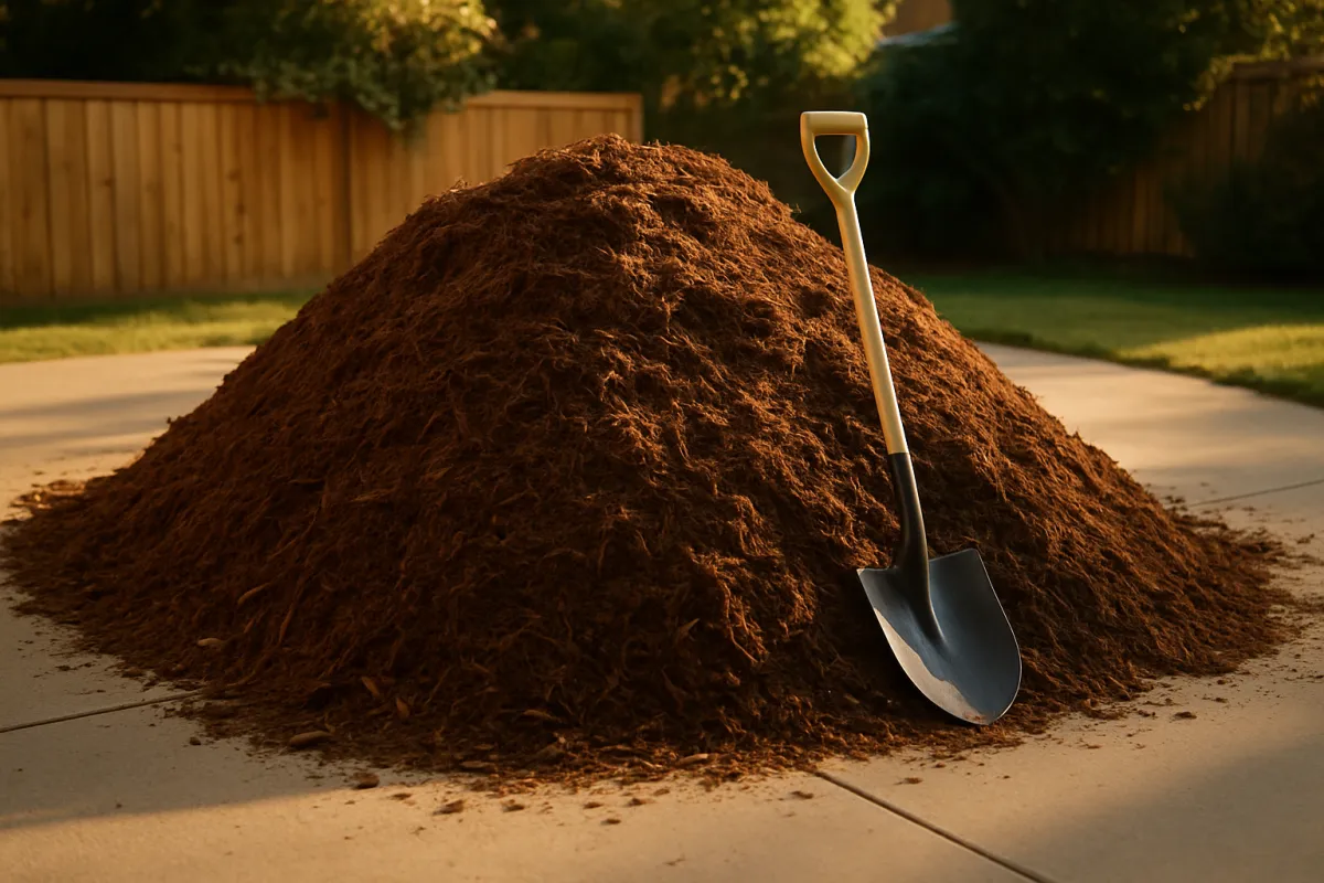 A heaped conical pile of shredded brown fibrous mulch on a paved driveway with a long-handled shovel leaning against it and a wooden fence behind