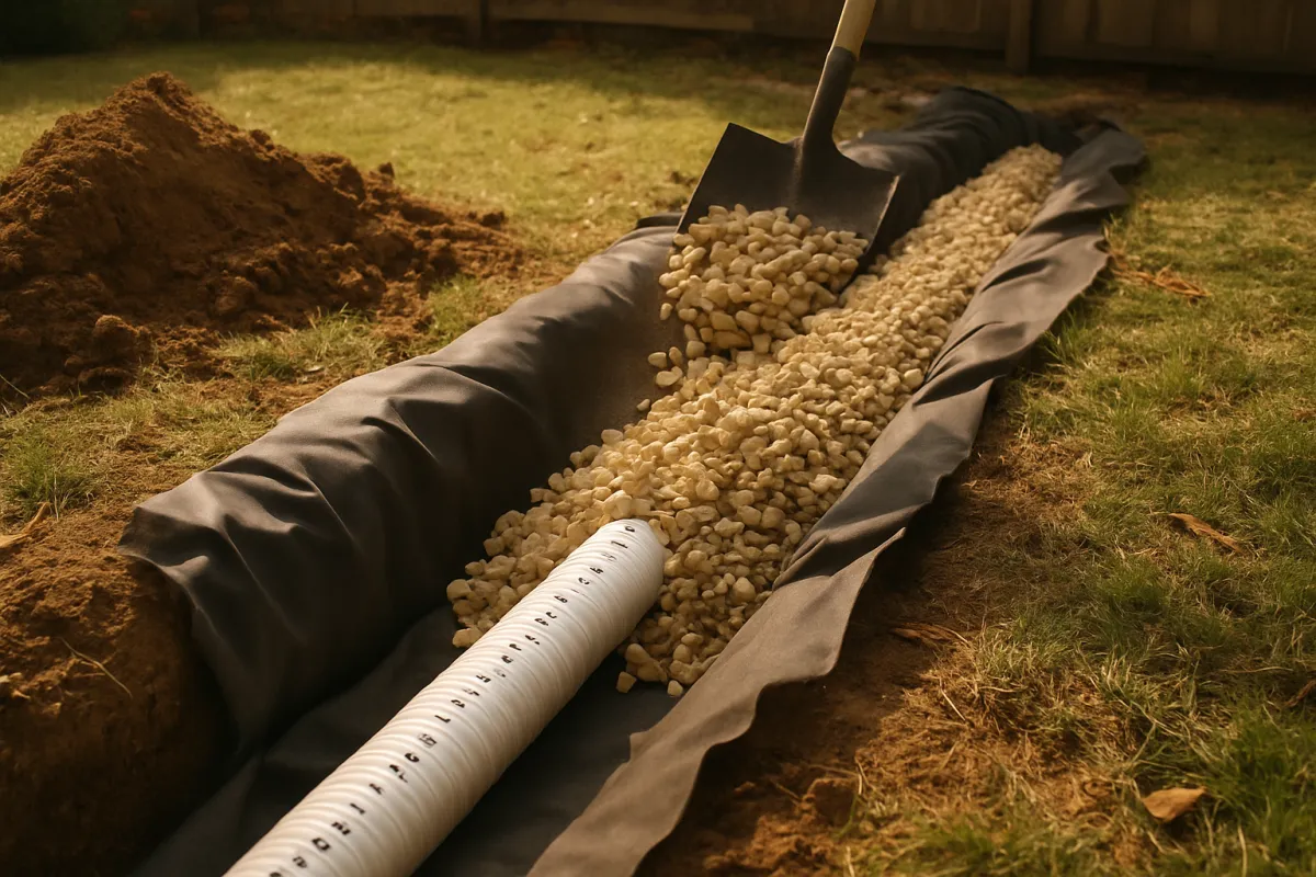 An open trench in a lawn lined with dark fabric, a shovel tipping pale rounded stone into it, a white perforated pipe lying in the near end of the trench and a mound of excavated soil alongside