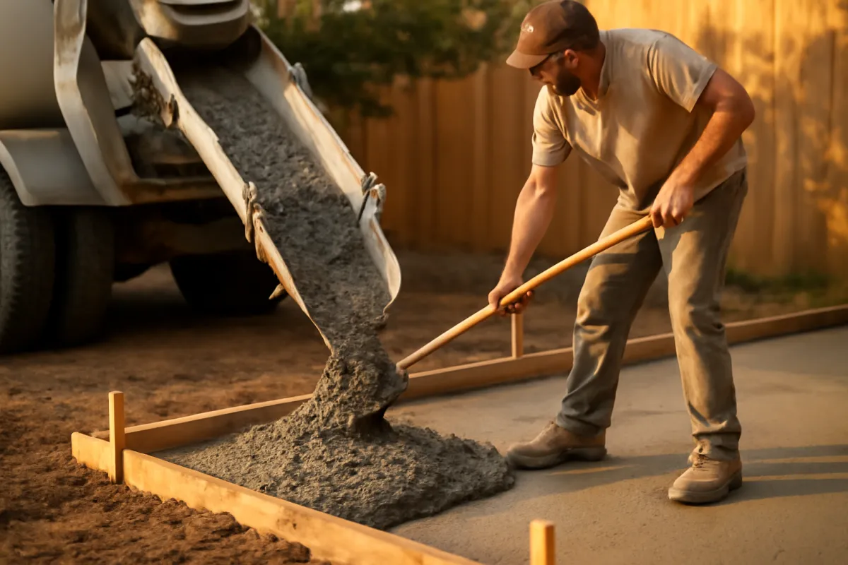 A ready-mix truck chute discharging wet grey concrete into a wooden form on a dirt subgrade while a worker in a cap pulls the pile flat with a long wooden tool, low sun behind a board fence