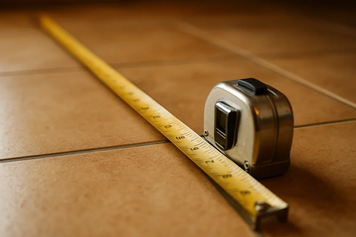 A metal tape measure with a black lock button sitting on a tiled floor, its yellow blade extended away across the tiles and crossing a grout line, warm light raking in from one side
