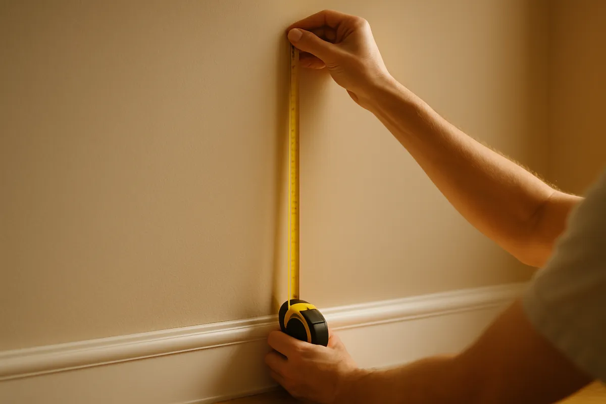 A yellow tape measure held vertically against a plain painted wall above white baseboard, one hand steadying the blade at the top and the other holding the case at the floor